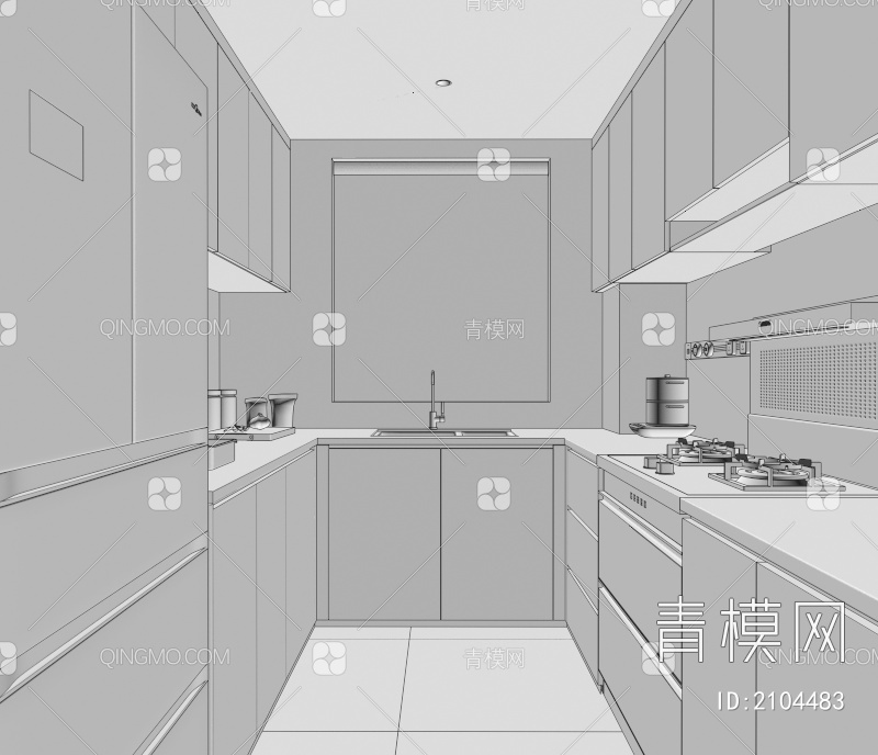 厨房 橱柜 集成灶 烤箱 蒸箱 油烟机 奶油风厨房 冰箱3D模型下载【ID:2104483】
