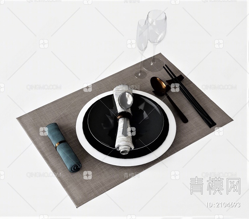 餐具 盘子 碟子 餐巾 餐垫 筷子 勺子 高脚杯 酒杯 玻璃杯 圆盘3D模型下载【ID:2104693】