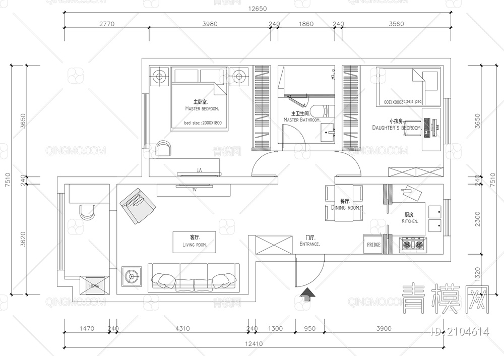 70平米家装住宅空间设计施工图【ID:2104614】
