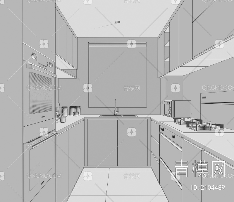 厨房 橱柜 集成灶 烤箱 蒸箱 油烟机 奶油风厨房 冰箱3D模型下载【ID:2104489】