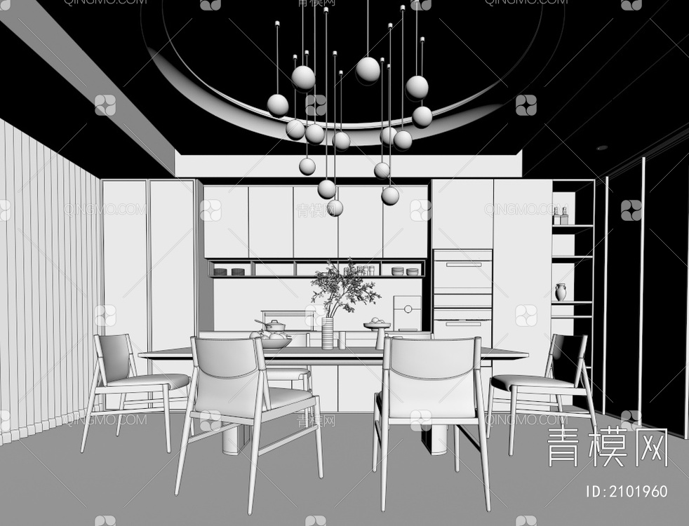 餐厅 吊灯 餐桌椅 餐椅  酒柜3D模型下载【ID:2101960】