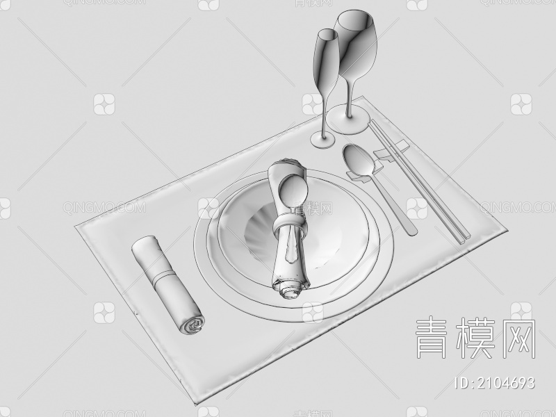 餐具 盘子 碟子 餐巾 餐垫 筷子 勺子 高脚杯 酒杯 玻璃杯 圆盘3D模型下载【ID:2104693】