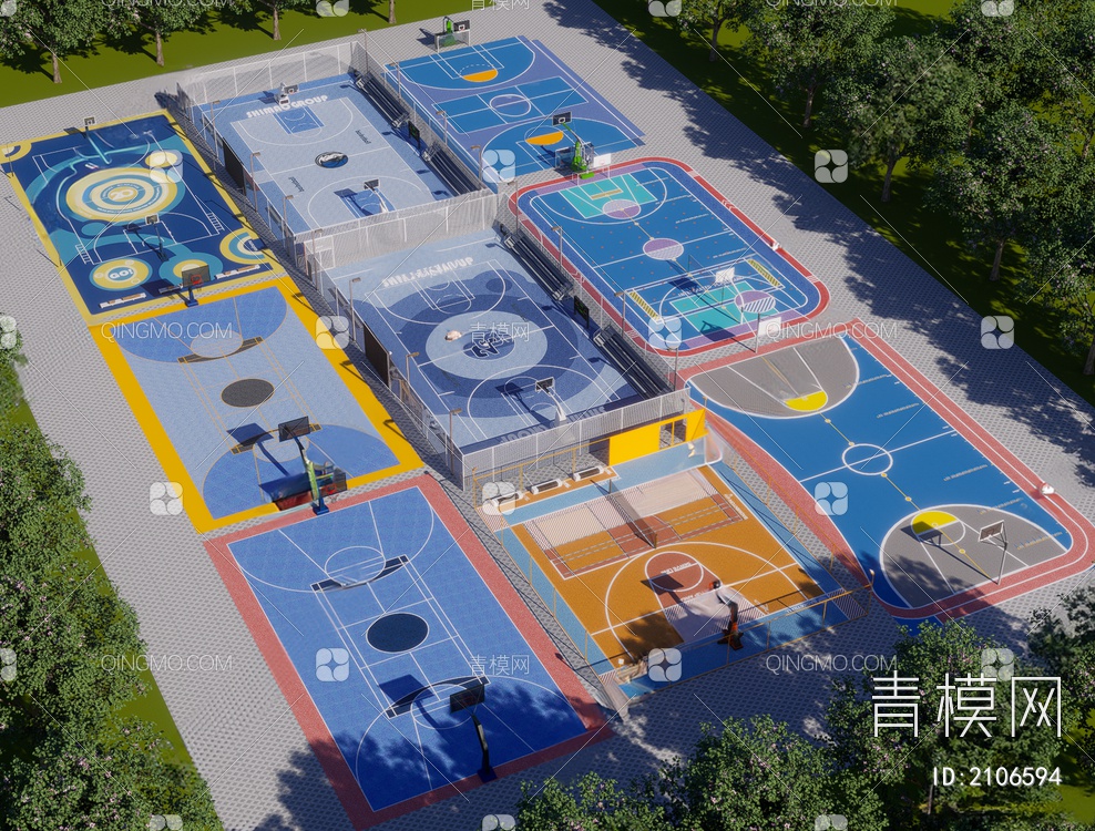 户外篮球场 网红篮球场 主题乐园篮球场3D模型下载【ID:2106594】