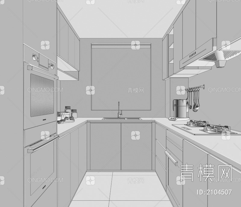 厨房 橱柜 集成灶 烤箱 蒸箱 油烟机 奶油风厨房 冰箱3D模型下载【ID:2104507】