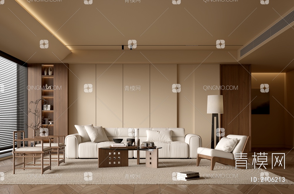 客厅 沙发茶几组合 休闲沙发椅 饰品摆件 背景墙3D模型下载【ID:2106213】