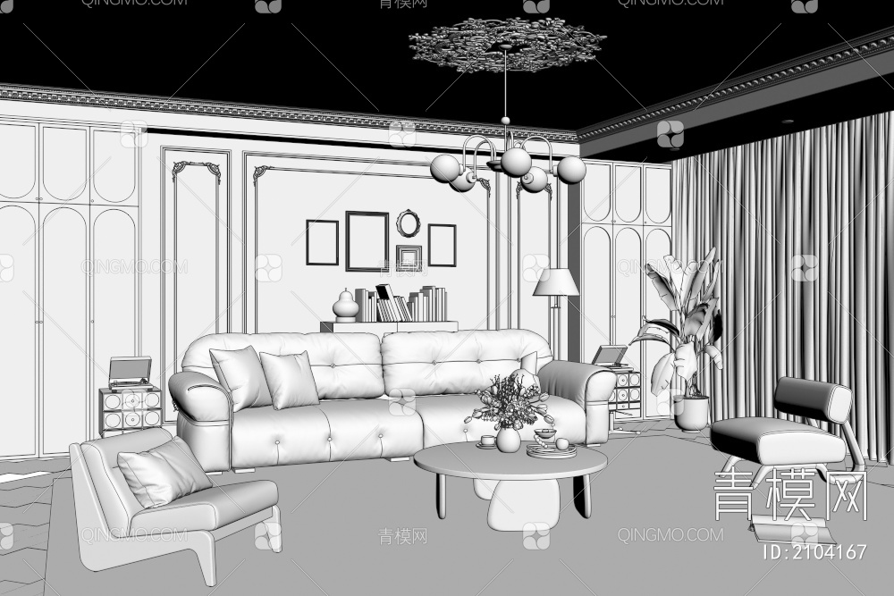 客厅 沙发 休闲椅 吊灯  挂画3D模型下载【ID:2104167】