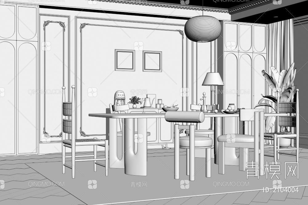 餐厅 餐桌椅 吊灯 挂画 餐椅3D模型下载【ID:2104004】