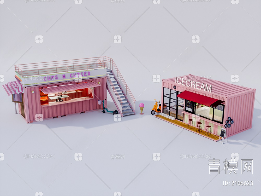 粉红色网红集装箱摊位SU模型下载【ID:2106623】
