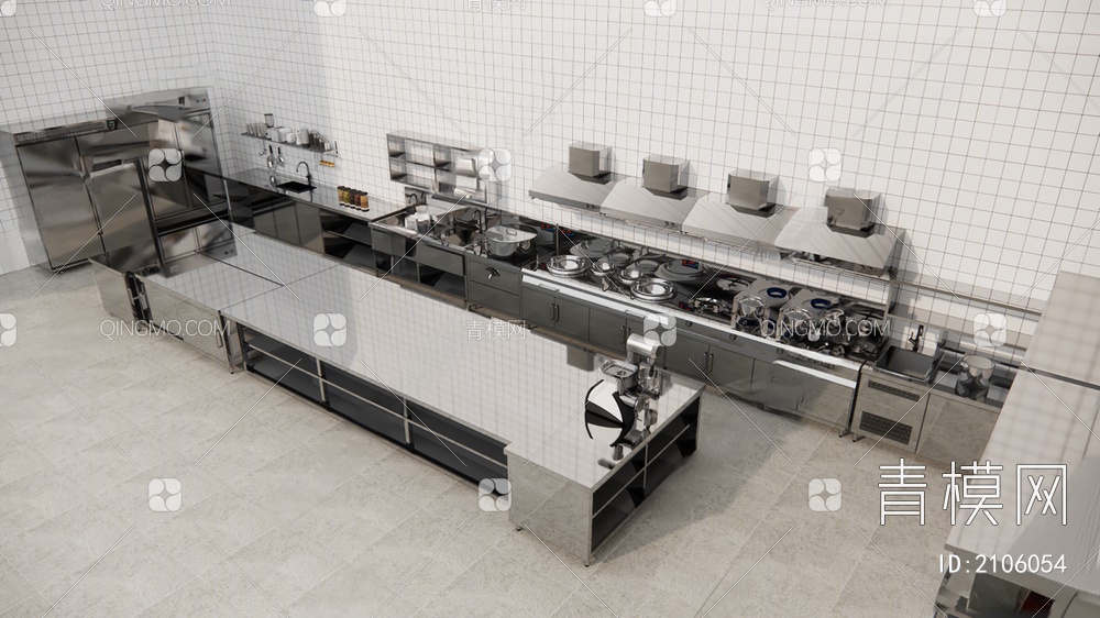 餐饮后厨 台面 厨具 后厨设备 厨房设备 炉灶 油烟机 冷鲜柜 煲仔炉3D模型下载【ID:2106054】