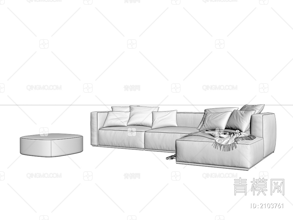 白色帆布多人L型沙发3D模型下载【ID:2103761】