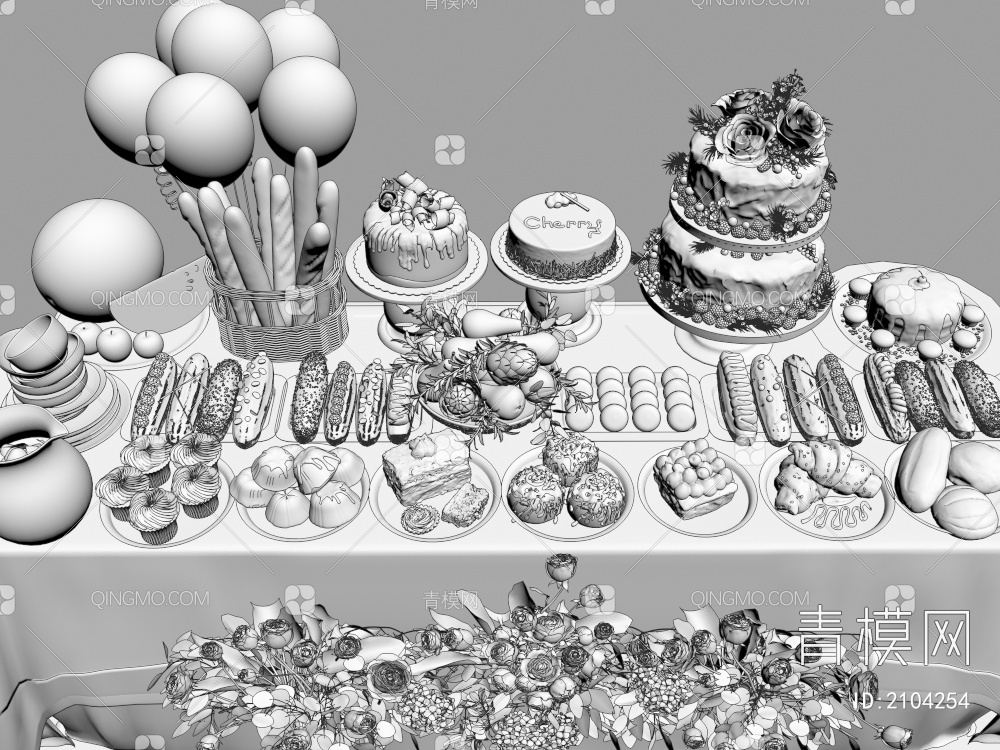 茶歇 蛋糕面包组合3D模型下载【ID:2104254】