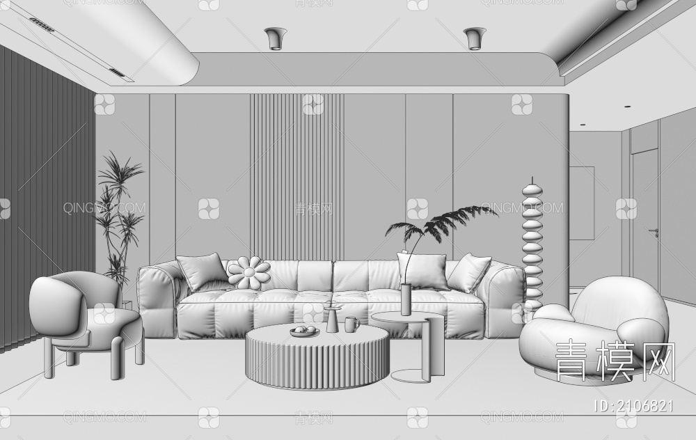 客厅 沙发茶几组合 单人沙发 多人沙发 挂画 落地灯 地毯3D模型下载【ID:2106821】