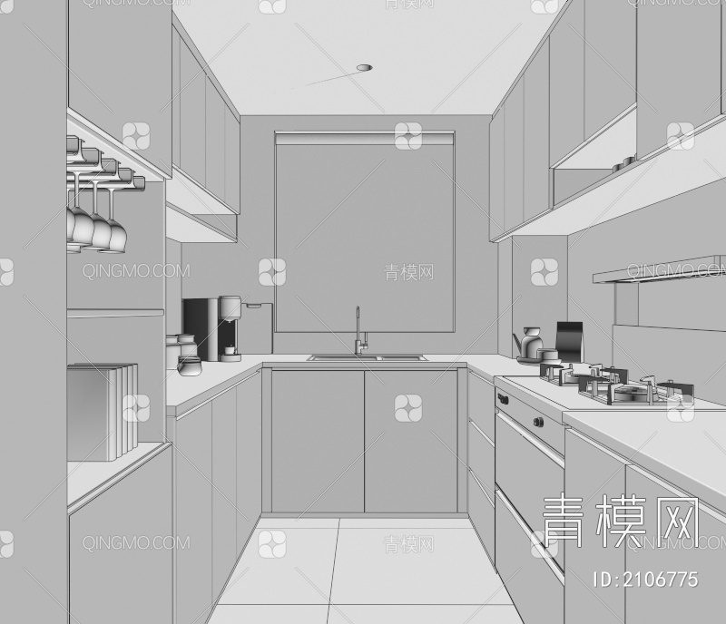厨房 橱柜 集成灶 烤箱 蒸箱 水槽 奶油风厨房 冰箱3D模型下载【ID:2106775】