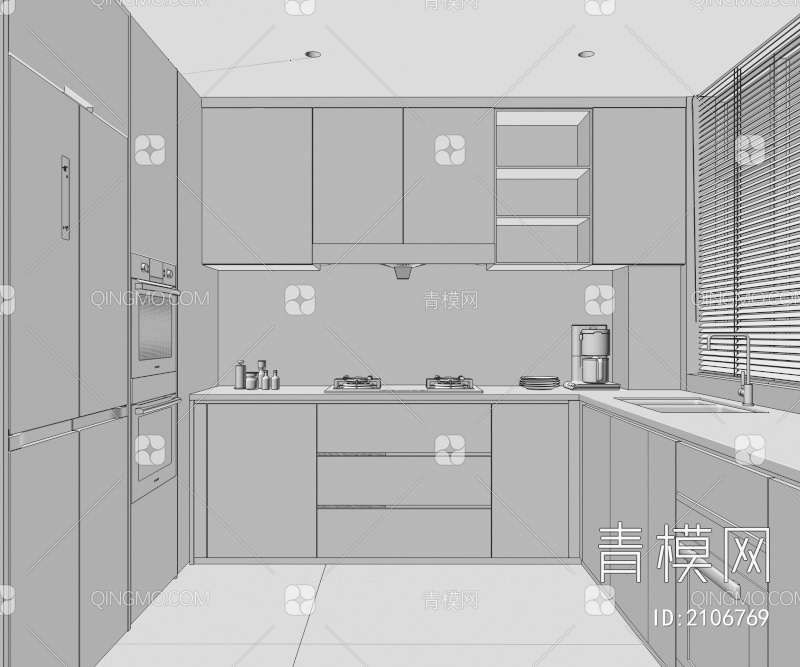 厨房 橱柜 集成灶 烤箱 蒸箱 水槽 奶油风厨房 冰箱3D模型下载【ID:2106769】