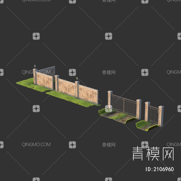 围墙 围栏 围挡 院墙 院子门 铁艺门 草地3D模型下载【ID:2106960】