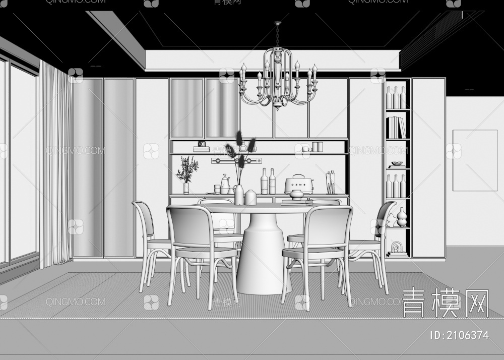 餐厅 圆形餐桌椅  吊灯 酒柜3D模型下载【ID:2106374】