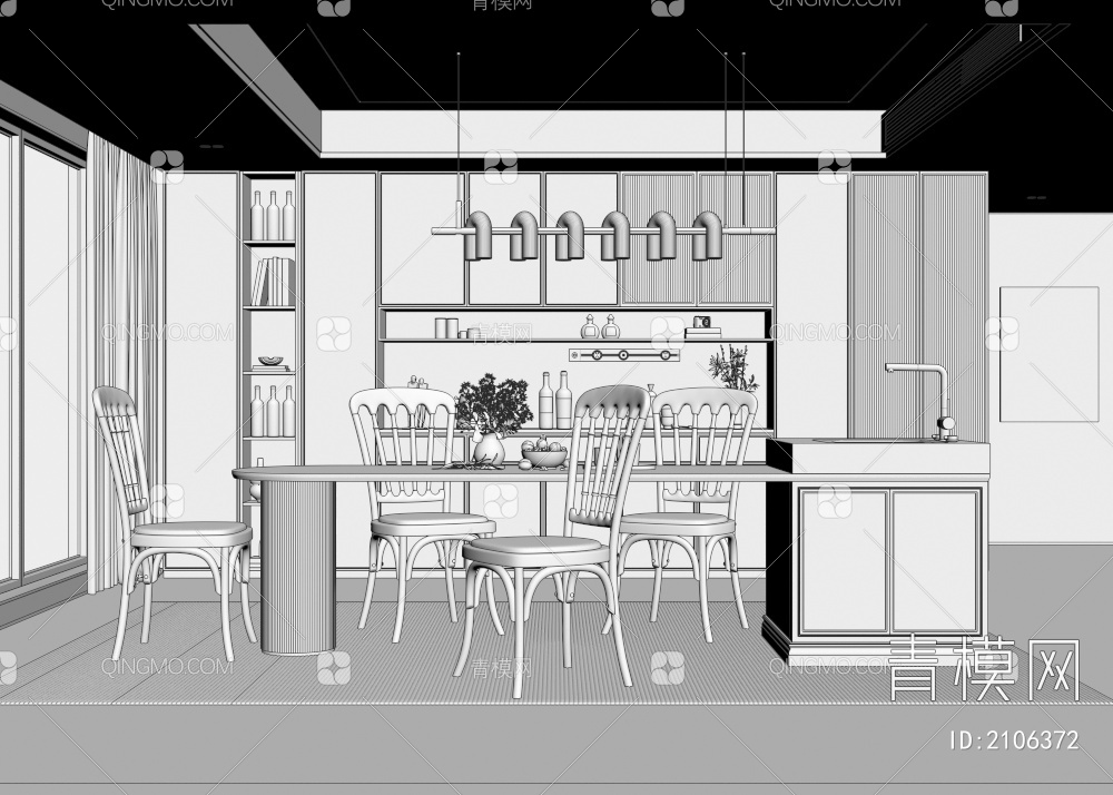 餐厅 餐桌椅 岛台 吊灯 酒柜3D模型下载【ID:2106372】