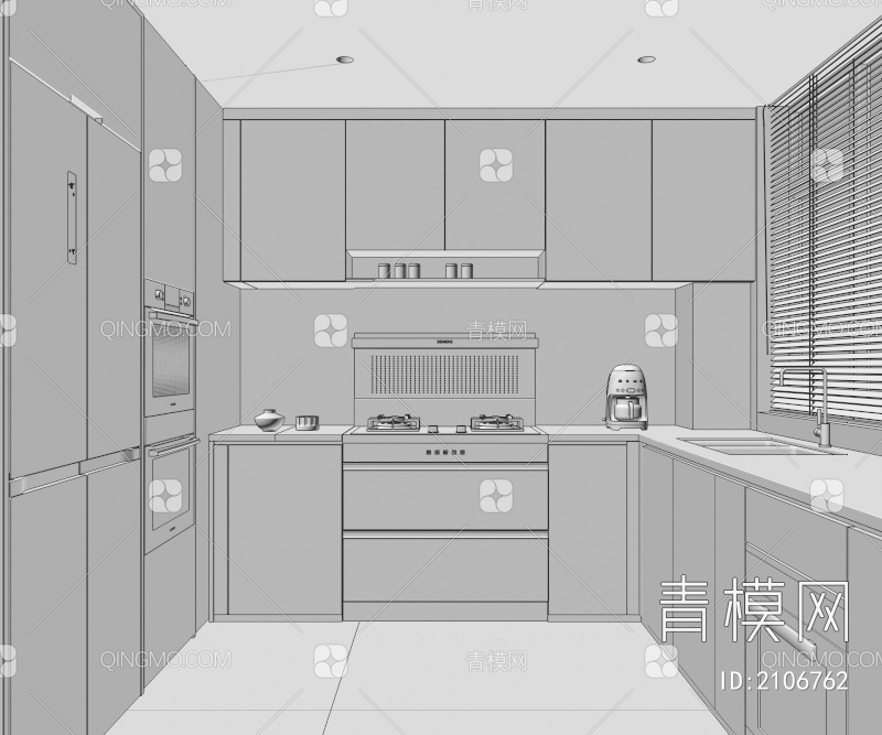 厨房 橱柜 集成灶 烤箱 蒸箱 水槽 奶油风厨房 冰箱3D模型下载【ID:2106762】