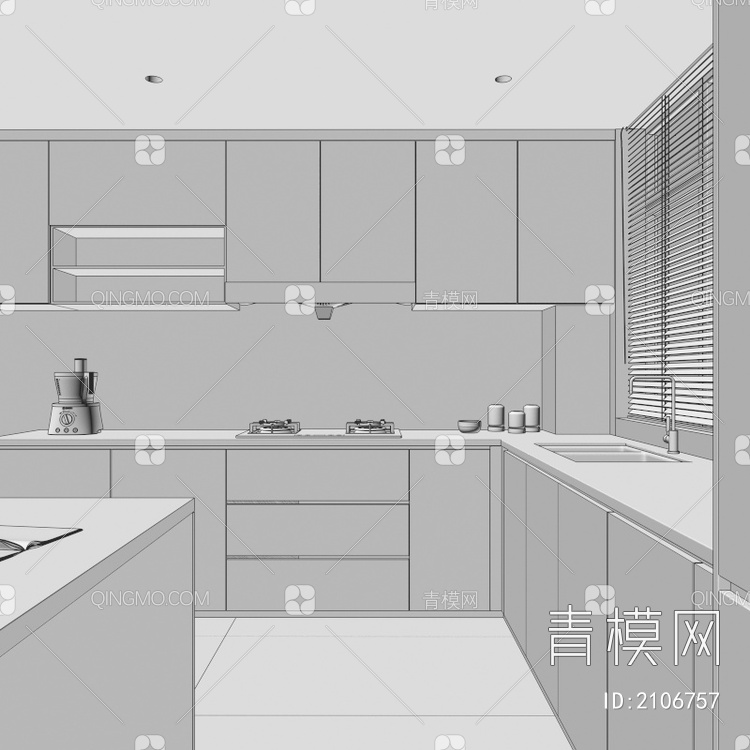 厨房 橱柜 集成灶 烤箱 蒸箱 水槽 奶油风厨房 冰箱3D模型下载【ID:2106757】