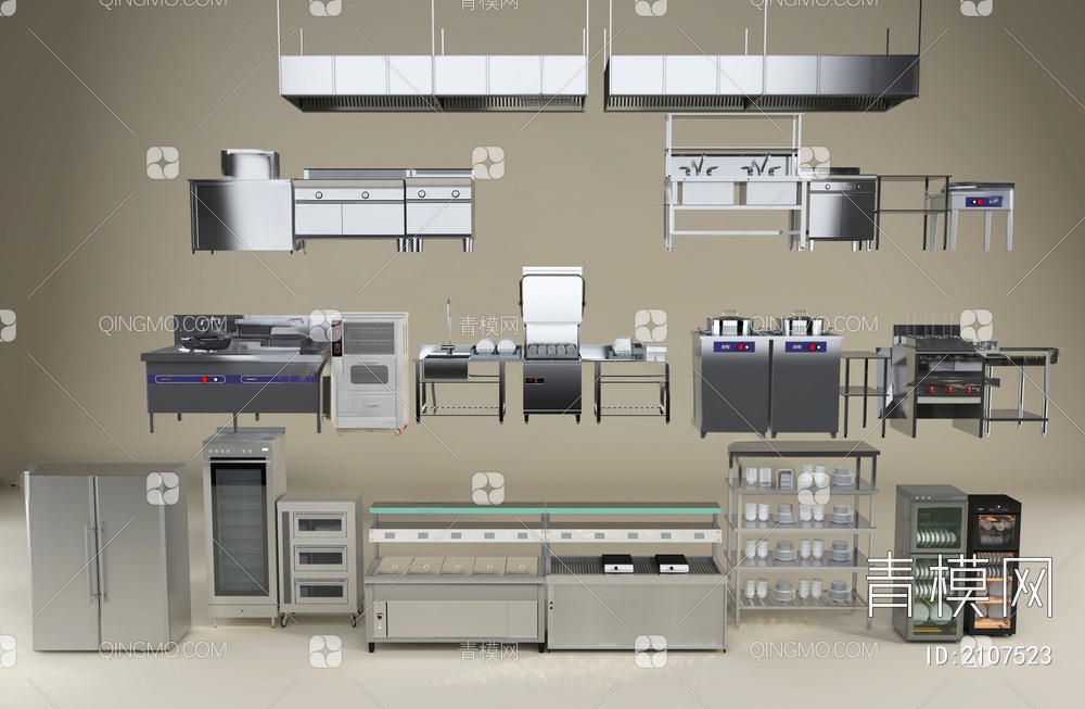 消毒柜 后厨设备组合 中央厨房不锈钢 冷藏柜 蒸箱烤箱 水池 灶台 操作台3D模型下载【ID:2107523】