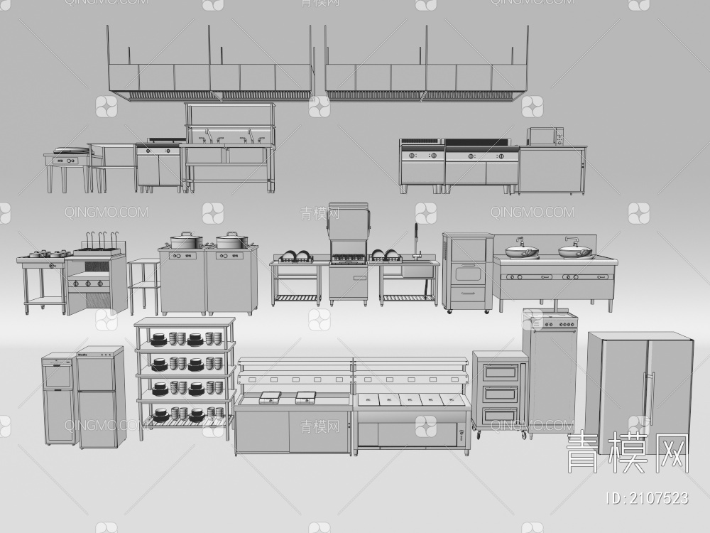 消毒柜 后厨设备组合 中央厨房不锈钢 冷藏柜 蒸箱烤箱 水池 灶台 操作台3D模型下载【ID:2107523】