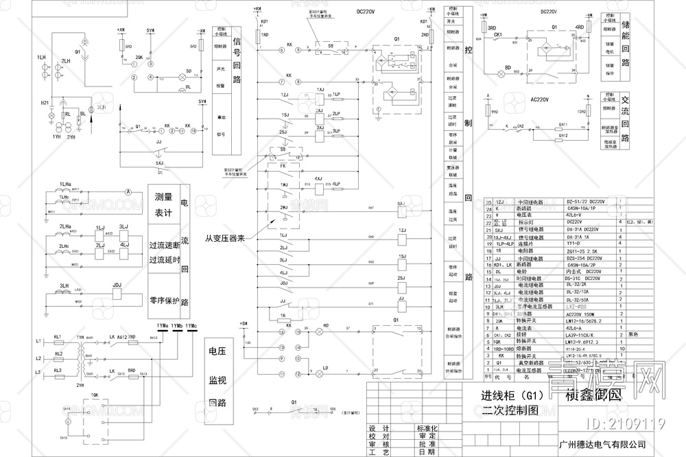 高压柜变压器二次接线原理图开关柜配电线路系统图【ID:2109119】