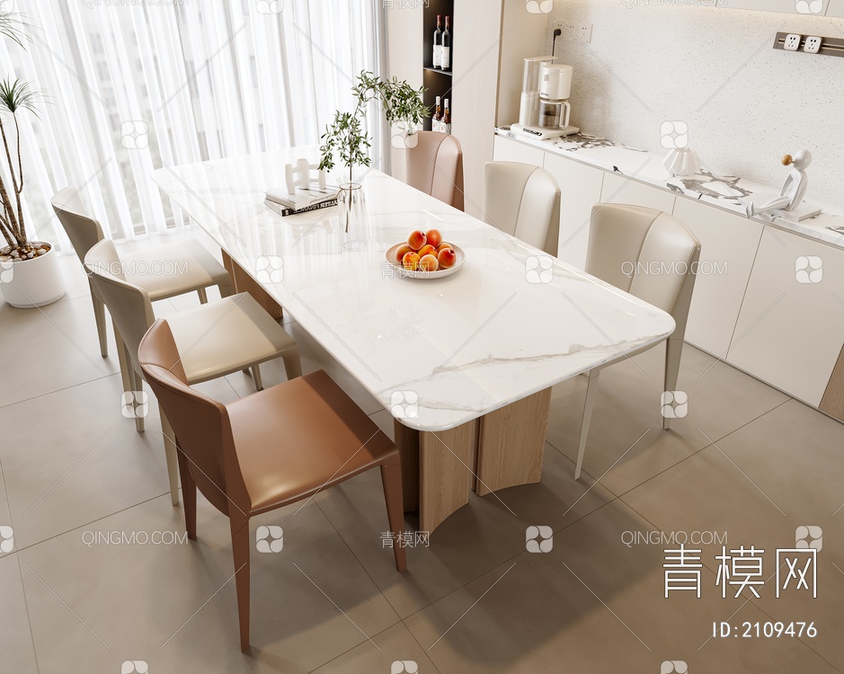 奶油风餐桌椅组合3D模型下载【ID:2109476】