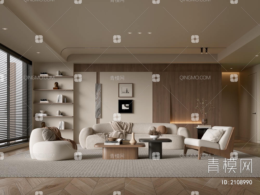 客厅 沙发茶几组合 休闲沙发椅 饰品摆件 背景墙3D模型下载【ID:2108990】