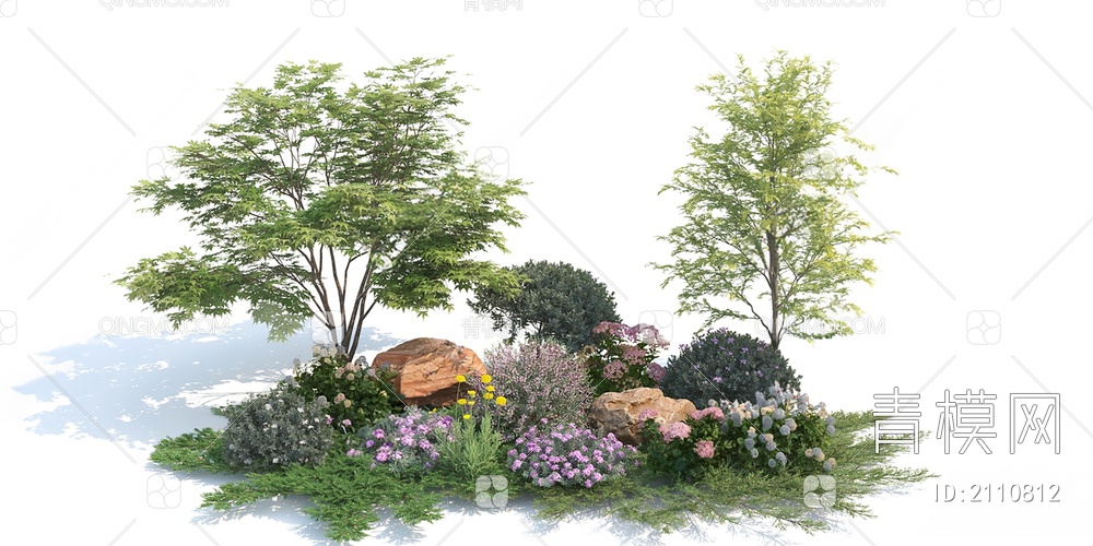 花草 草地 灌木 花池 花卉 绿植 景观树 植物堆 石头 树池3D模型下载【ID:2110812】