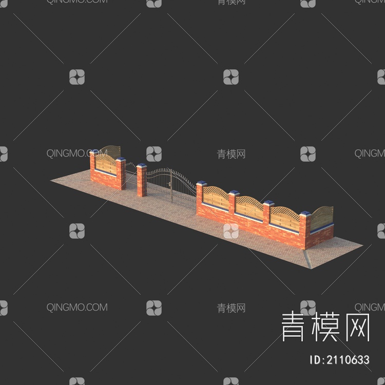 别墅花园庭院围墙砖墙 铁大门 护栏围栏3D模型下载【ID:2110633】