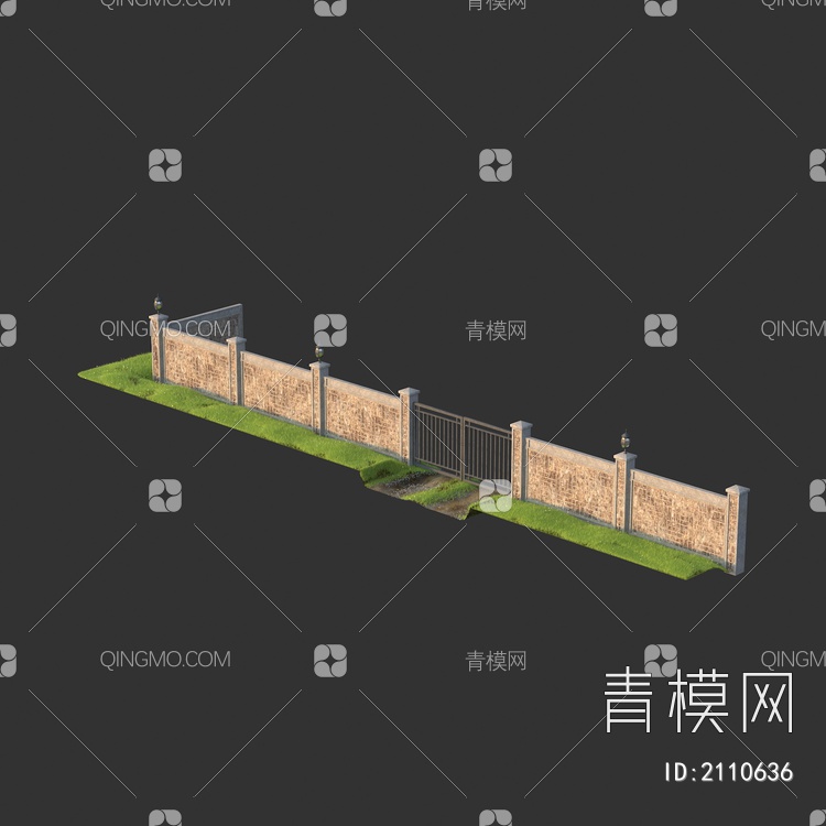 别墅花园庭院围墙砖墙 铁大门 护栏围栏3D模型下载【ID:2110636】