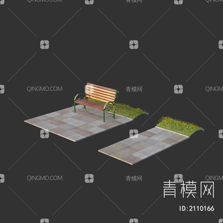 公园人行道 户外座椅 花草坪地砖3D模型下载【ID:2110166】
