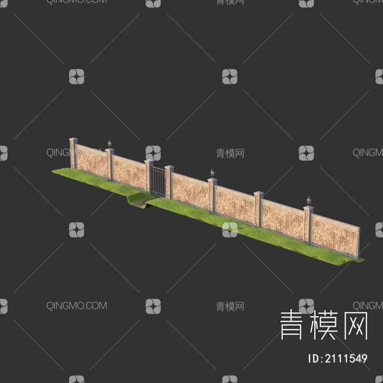 围墙 围栏 围挡 院墙 院子门 铁艺门 草地3D模型下载【ID:2111549】