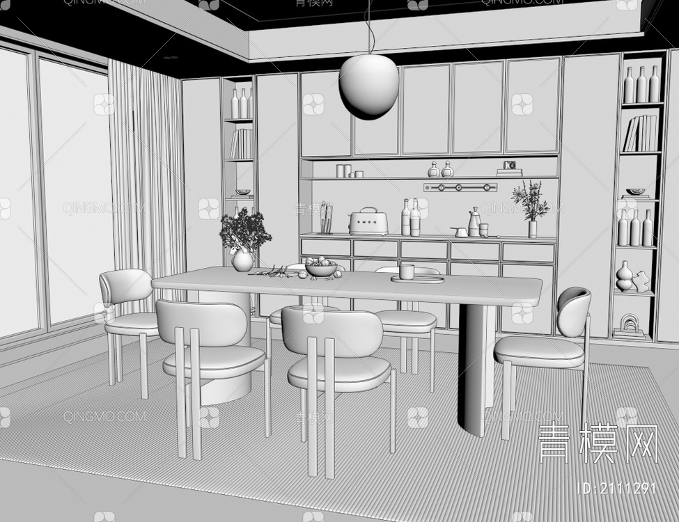 餐厅 餐桌椅  吊灯 酒柜3D模型下载【ID:2111291】