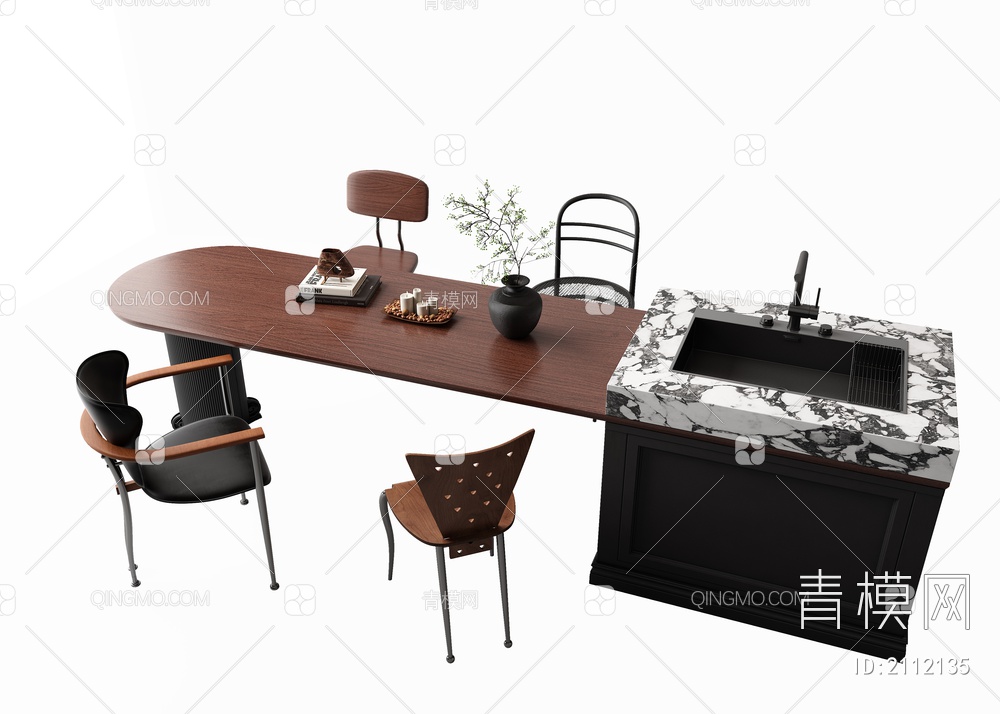 复古吧台 餐桌椅 摆件 水槽 水吧台3D模型下载【ID:2112135】