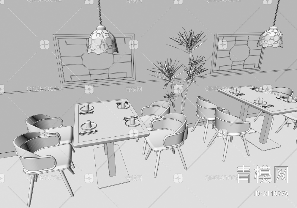 餐桌椅组合 桌椅组合 民国桌椅组合 港式桌椅 绿植盆栽 琉璃吊灯 休闲桌椅 餐桌椅3D模型下载【ID:2110776】