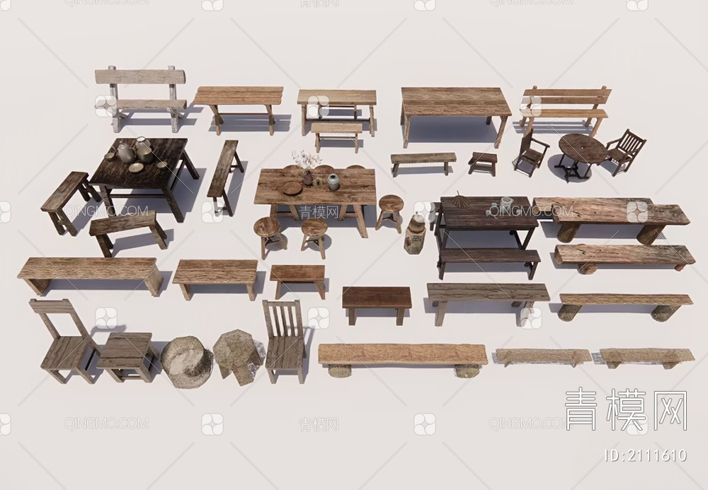 户外桌椅 长凳 木凳3D模型下载【ID:2111610】