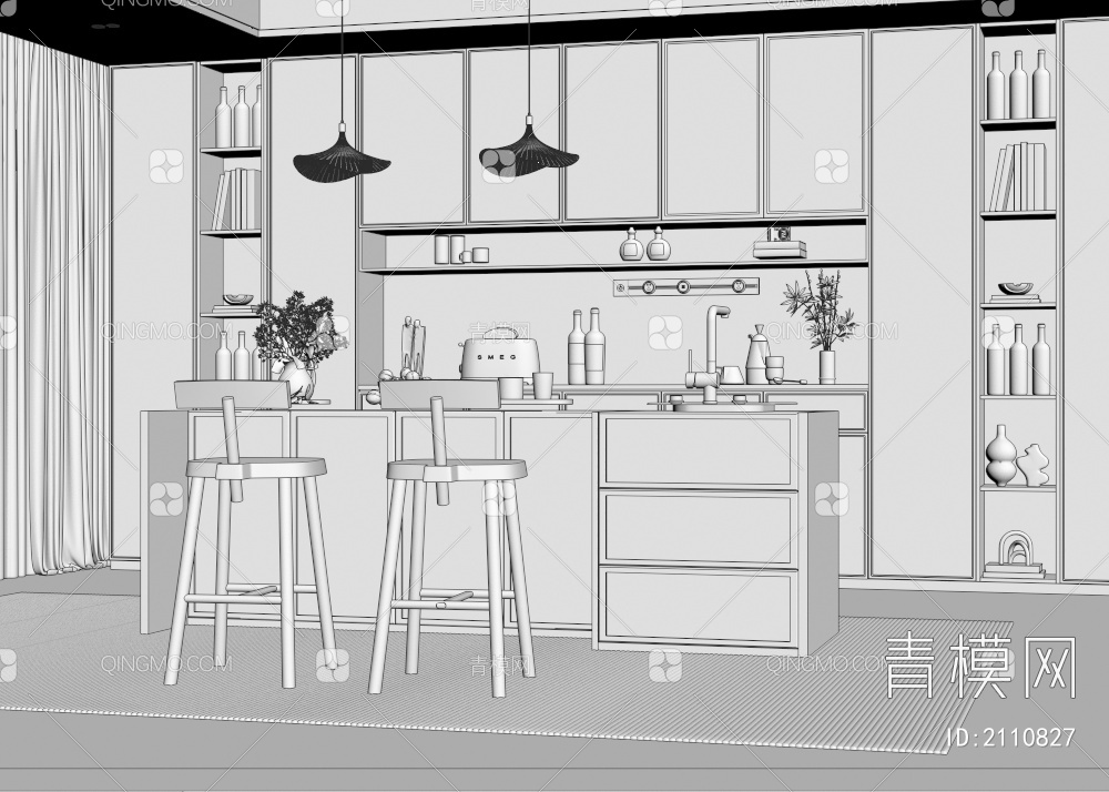 餐厅 岛台 吧台 吧台椅 吊灯 酒柜3D模型下载【ID:2110827】