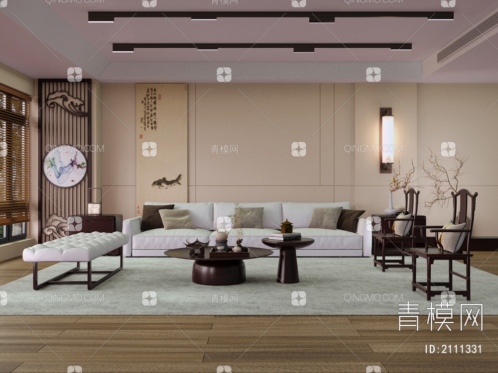 客厅 红木沙发茶几 背景墙组合3D模型下载【ID:2111331】