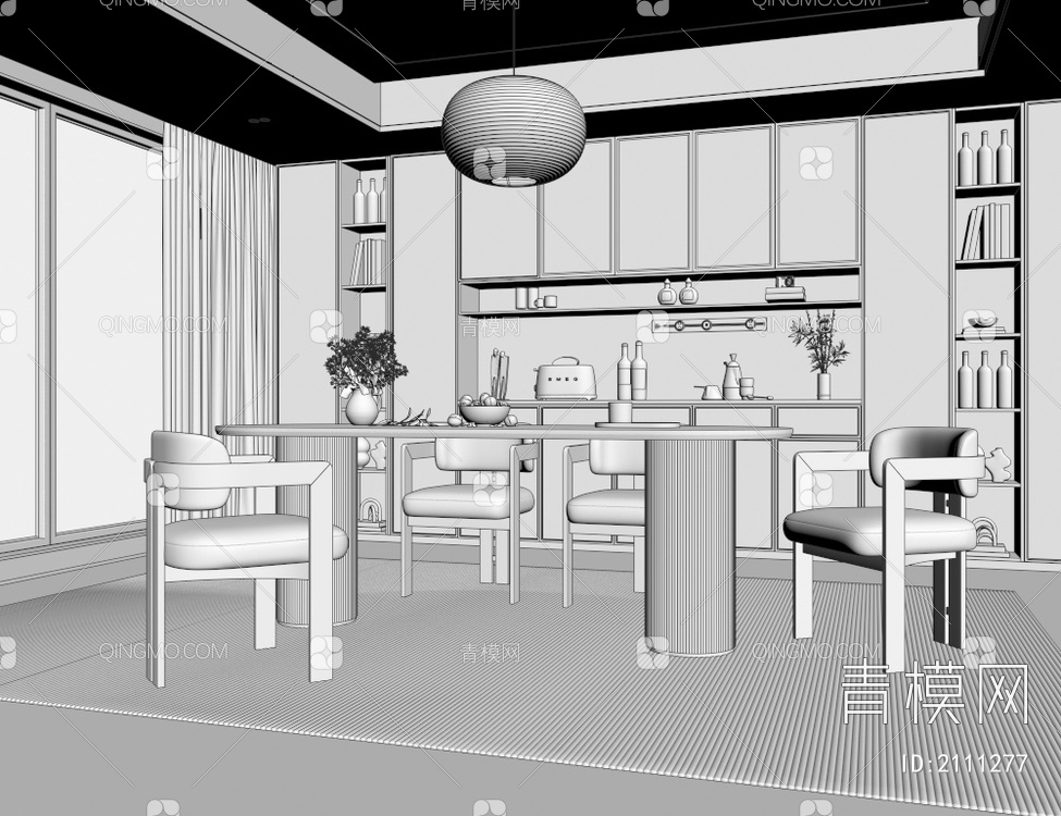餐厅 餐桌 吊灯 餐椅 酒柜3D模型下载【ID:2111277】