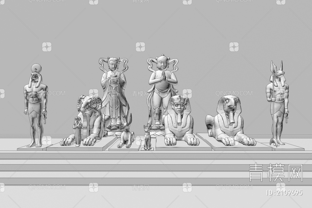 古代雕塑小品 狮身人面像组合3D模型下载【ID:2109695】