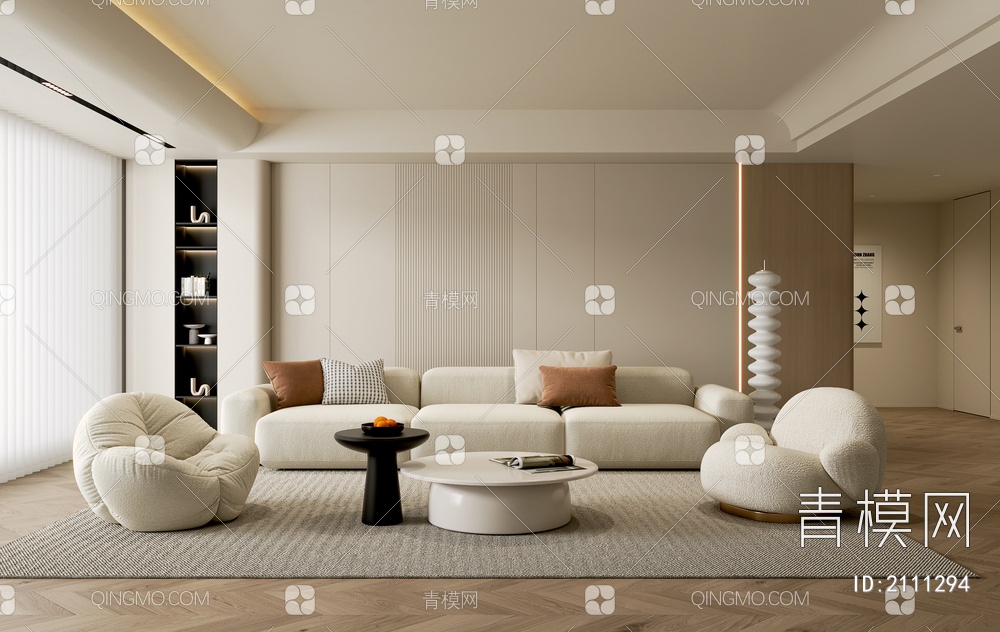 客厅 沙发茶几组合 单人沙发 多人沙发 挂画 落地灯 地毯3D模型下载【ID:2111294】