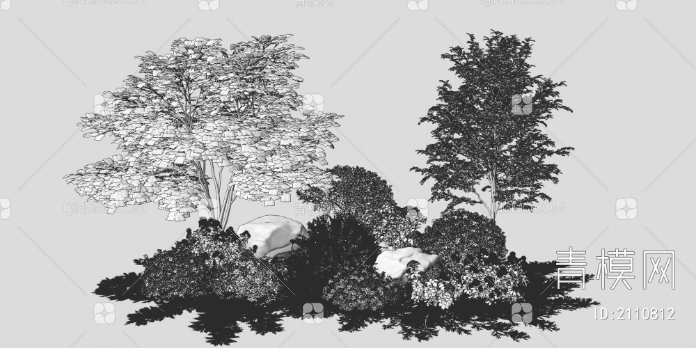 花草 草地 灌木 花池 花卉 绿植 景观树 植物堆 石头 树池3D模型下载【ID:2110812】