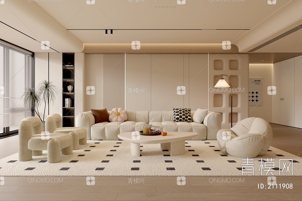 客厅 沙发茶几组合 单人沙发 多人沙发 挂画 落地灯 地毯3D模型下载【ID:2111908】