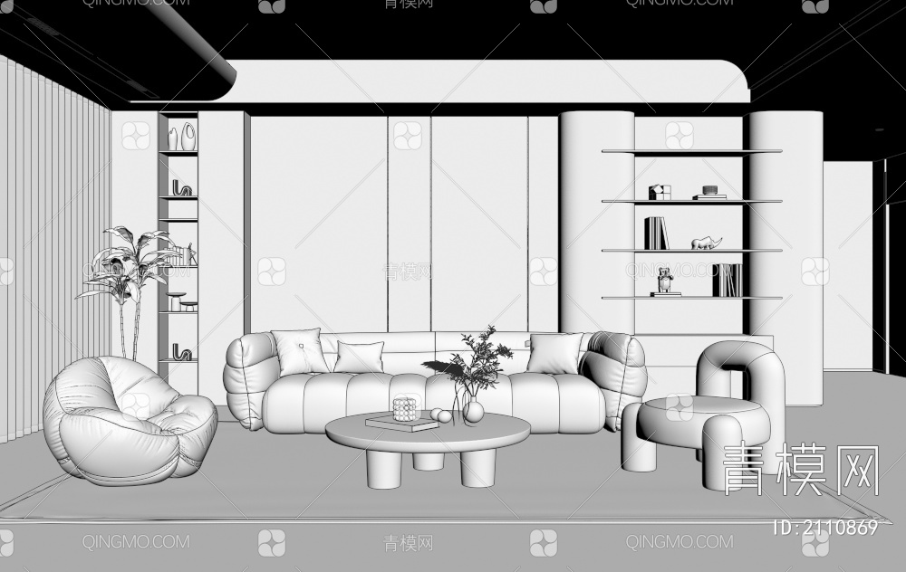 客厅 沙发茶几组合 单人沙发 多人沙发 挂画 落地灯 地毯3D模型下载【ID:2110869】