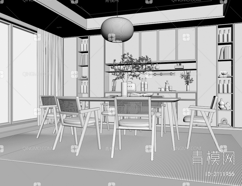 餐厅 餐桌椅 吊灯 酒柜3D模型下载【ID:2111955】
