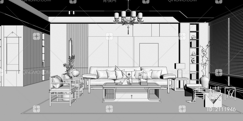客厅 沙发组合 吊灯 挂画 壁灯3D模型下载【ID:2111946】