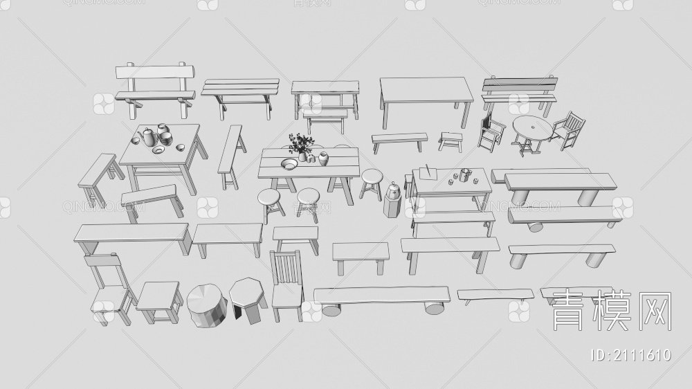 户外桌椅 长凳 木凳3D模型下载【ID:2111610】