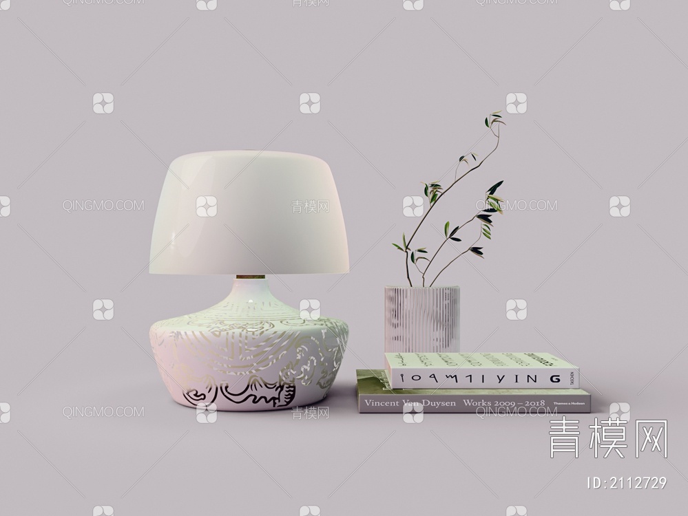 白色镂空陶瓷台灯 书籍 花瓶组合3D模型下载【ID:2112729】