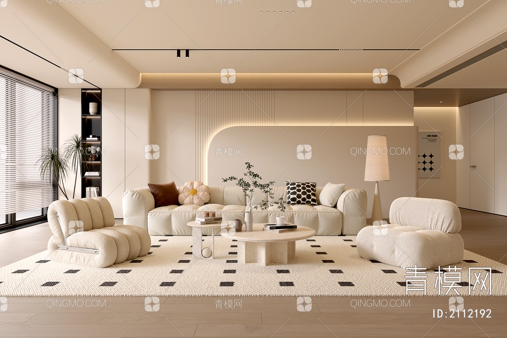 客厅 沙发茶几组合 单人沙发 多人沙发 挂画 落地灯 地毯3D模型下载【ID:2112192】